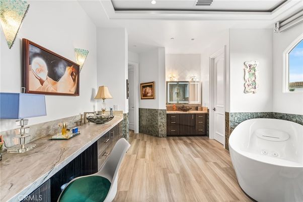Bathroom, Dual Sink Vanities, Free Standing Baths, Interior, Recessed Lighting, Wood Texture Flooring