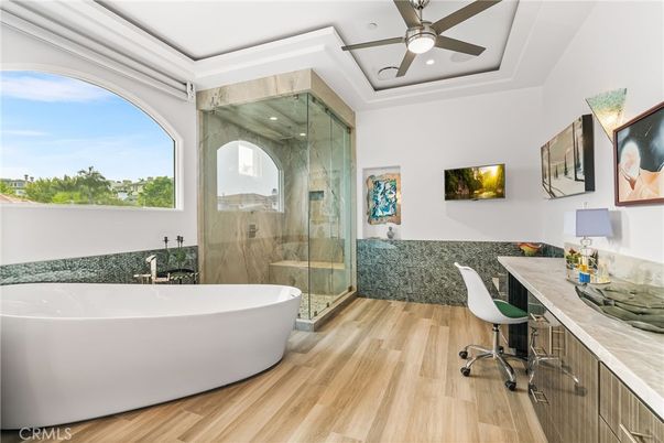 Bathroom, Free Standing Baths, Glass Shower, Home Office, Interior, Recessed Lighting, Wood Texture Flooring