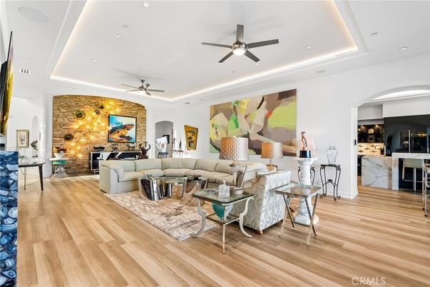 Interior, Living room, Recessed Lighting, Stone Walls, Wood Texture Flooring