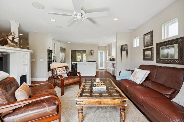 Fireplace, Interior, Kitchen, Living room, Recessed Lighting, Wood Texture Flooring