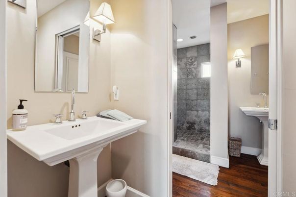 Bathroom, Interior, Recessed Lighting, Wood Texture Flooring