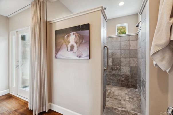 Bathroom, Glass Shower, Interior, Recessed Lighting, Wood Texture Flooring