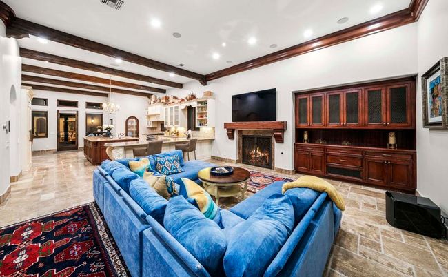 Fireplace, Interior, Living room, Pendant Lights, Recessed Lighting, Wooden Beams