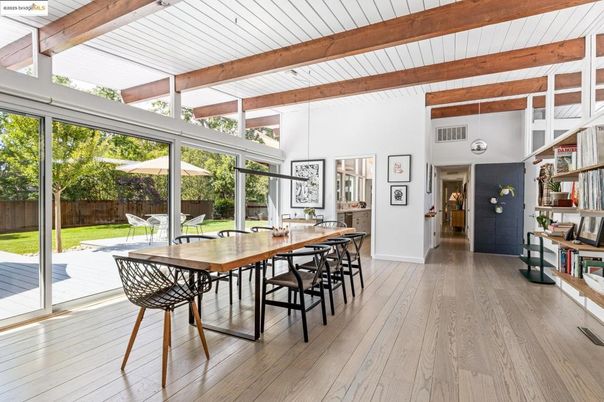 Dining room, Interior, Pendant Lights, Wooden Beams, Wood Texture Flooring