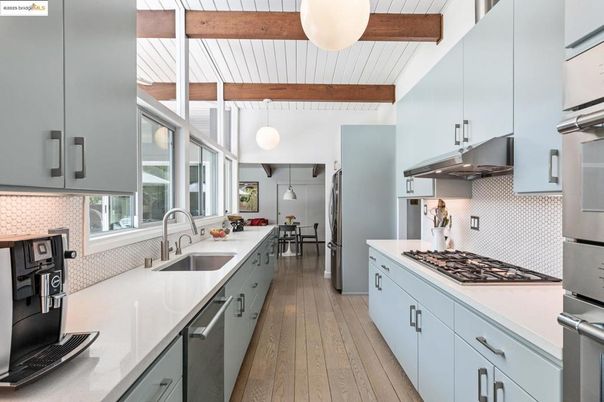Interior, Kitchen, Pendant Lights, Stainless Steel Appliances, Wooden Beams, Wood Texture Flooring