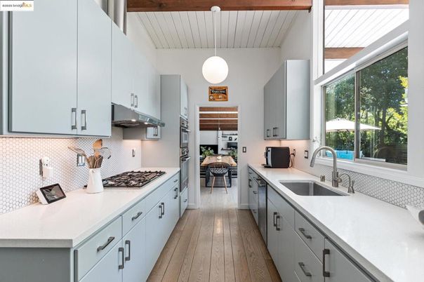 Interior, Kitchen, Pendant Lights, Stainless Steel Appliances, Wood Texture Flooring