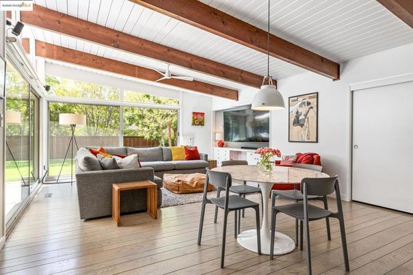 Dining room, Interior, Living room, Pendant Lights, Wooden Beams, Wood Texture Flooring