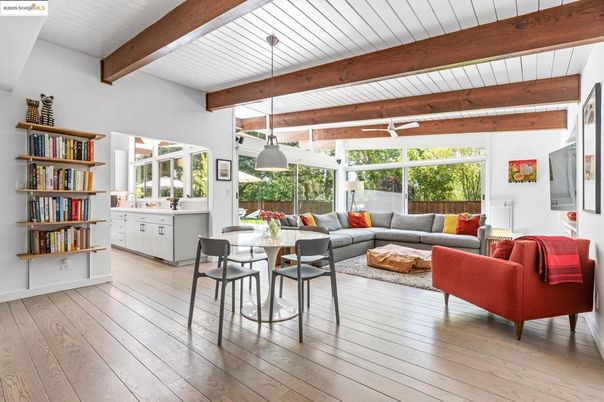 Dining room, Interior, Living room, Pendant Lights, Wooden Beams, Wood Texture Flooring
