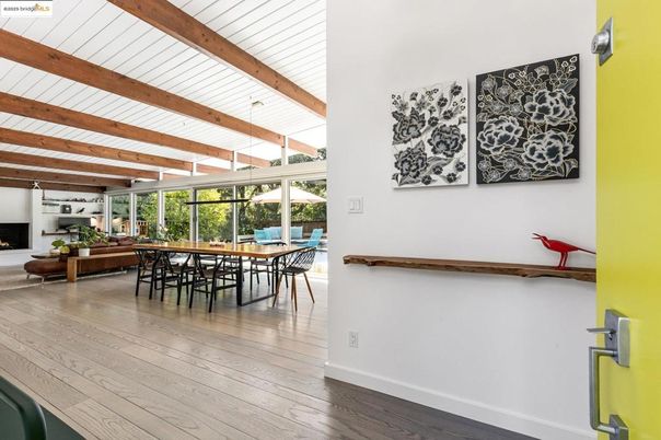 Dining room, Fireplace, Interior, Wooden Beams, Wood Texture Flooring