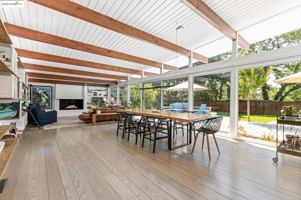 Dining room, Fireplace, Interior, Pendant Lights, Wooden Beams, Wood Texture Flooring