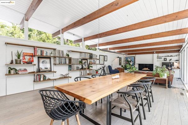 Dining room, Fireplace, Interior, Wooden Beams, Wood Texture Flooring