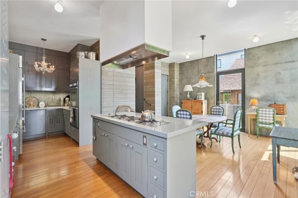 Dining room, Interior, Kitchen, Pendant Lights, Stainless Steel Appliances, Wood Texture Flooring