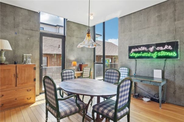 Dining room, Interior, Pendant Lights, Wood Texture Flooring