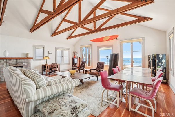 Dining room, Fireplace, Interior, Living room, Pendant Lights, Water, Wooden Beams, Wood Texture Flooring