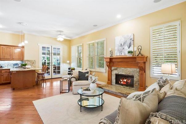 Fireplace, Interior, Kitchen, Living room, Pendant Lights, Recessed Lighting, Wood Texture Flooring