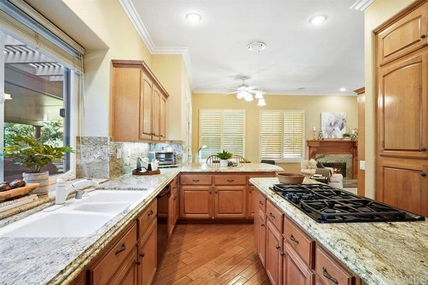 Fireplace, Interior, Kitchen, Recessed Lighting, Wood Texture Flooring