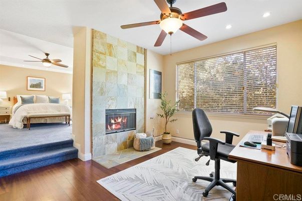Bedroom, Fireplace, Home Office, Interior, Recessed Lighting, Stone Walls, Wood Texture Flooring