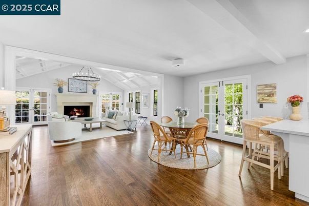 Chandelier, Dining room, Fireplace, Interior, Living room, Wood Texture Flooring
