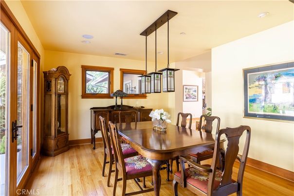 Dining room, Interior, Pendant Lights, Recessed Lighting, Wood Texture Flooring