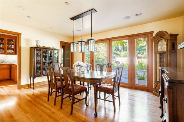 Dining room, Interior, Pendant Lights, Recessed Lighting, Wood Texture Flooring