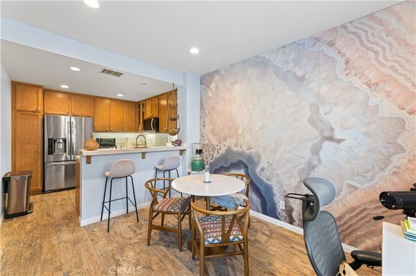 Dining room, Interior, Kitchen, Recessed Lighting, Stainless Steel Appliances, Wood Texture Flooring