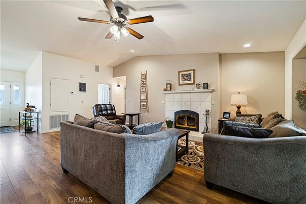 Fireplace, Interior, Living room, Recessed Lighting, Wood Texture Flooring