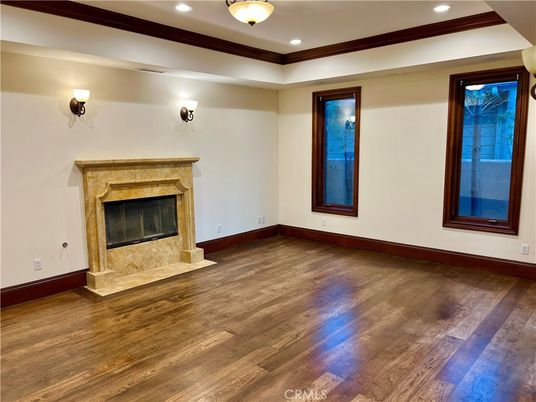 Empty room, Fireplace, Interior, Recessed Lighting, Wood Texture Flooring
