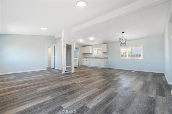Chandelier, Empty room, Interior, Kitchen, Recessed Lighting, Wood Texture Flooring