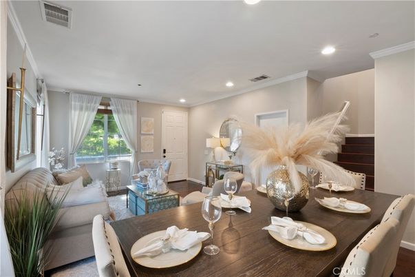 Dining room, Interior, Living room, Recessed Lighting, Wood Texture Flooring