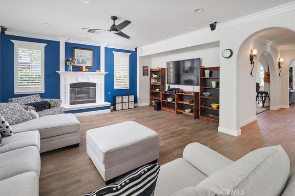 Fireplace, Interior, Living room, Recessed Lighting, Wood Texture Flooring