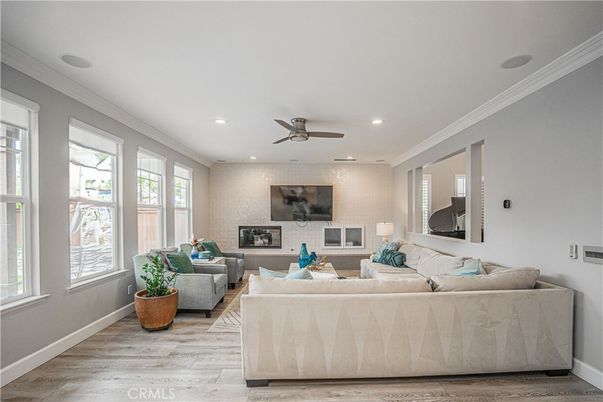 Fireplace, Interior, Living room, Recessed Lighting, Wood Texture Flooring