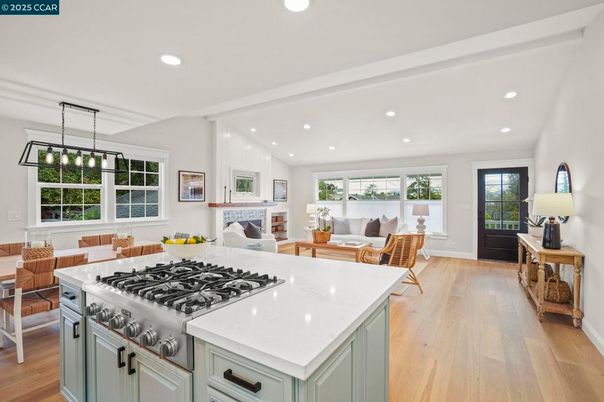 Dining room, Interior, Kitchen, Living room, Pendant Lights, Recessed Lighting, Stainless Steel Appliances, Wood Texture Flooring