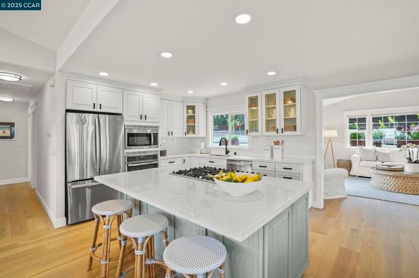 Interior, Kitchen, Living room, Recessed Lighting, Stainless Steel Appliances, Wood Texture Flooring