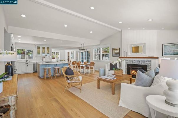 Chandelier, Dining room, Fireplace, Interior, Kitchen, Living room, Pendant Lights, Recessed Lighting, Wood Texture Flooring