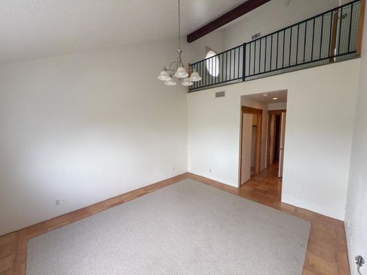 Chandelier, Empty room, Interior, Recessed Lighting, Wooden Beams
