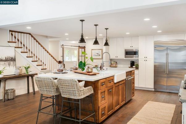 Interior, Kitchen, Pendant Lights, Recessed Lighting, Stainless Steel Appliances, Wood Texture Flooring