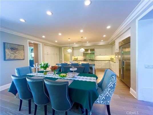 Dining room, Interior, Kitchen, Pendant Lights, Recessed Lighting, Stainless Steel Appliances, Wood Texture Flooring