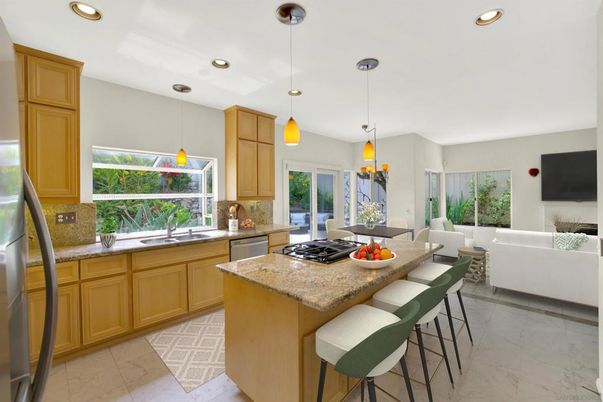 Interior, Kitchen, Living room, Marble, Pendant Lights, Recessed Lighting, Stainless Steel Appliances