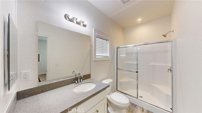 Bathroom, Glass Shower, Interior, Recessed Lighting, Wood Texture Flooring