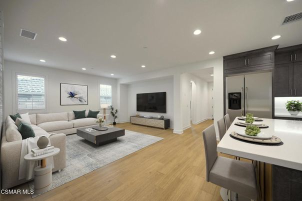 Dining room, Interior, Kitchen, Living room, Recessed Lighting, Stainless Steel Appliances, Wood Texture Flooring