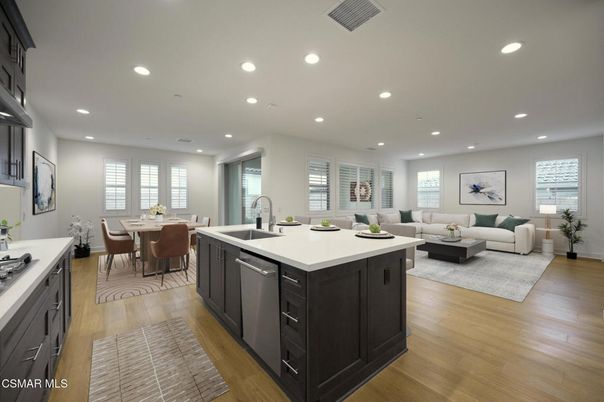 Dining room, Interior, Kitchen, Living room, Recessed Lighting, Wood Texture Flooring