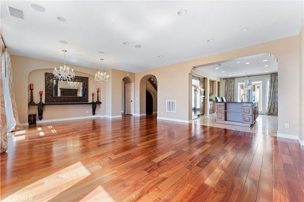 Chandelier, Empty room, Interior, Kitchen, Recessed Lighting, Wood Texture Flooring