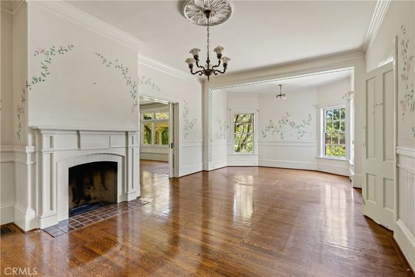 Chandelier, Empty room, Fireplace, Interior, Wood Texture Flooring