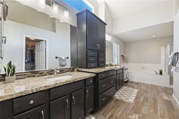 Bathroom, Dual Sink Vanities, Interior, Recessed Lighting, Wood Texture Flooring