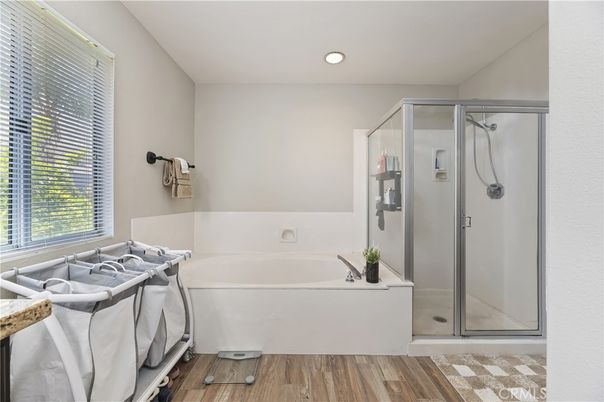 Bathroom, Glass Shower, Interior, Recessed Lighting, Wood Texture Flooring
