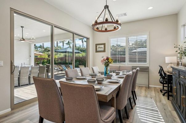 Dining room, Interior, Pendant Lights, Recessed Lighting, Wood Texture Flooring