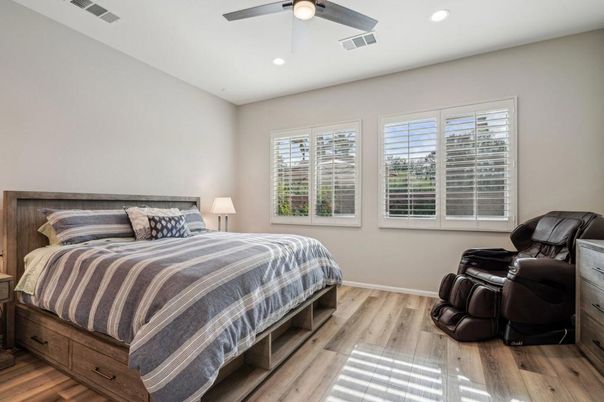 Bedroom, Interior, Recessed Lighting, Wood Texture Flooring