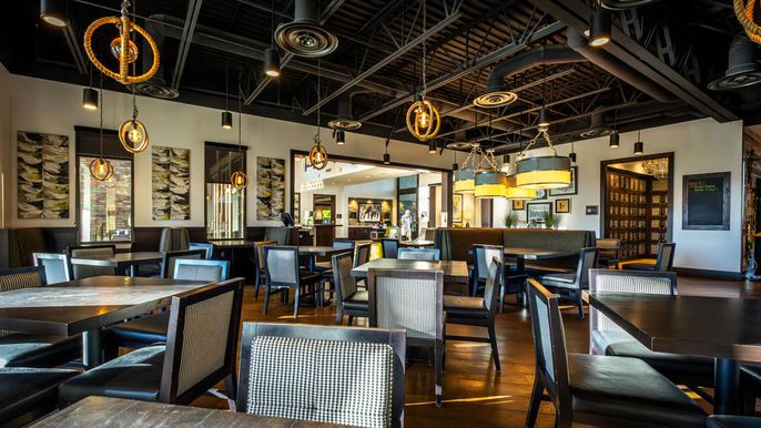 Dining room, Interior, Pendant Lights, Wood Texture Flooring