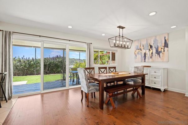 Dining room, Interior, Pendant Lights, Recessed Lighting, Wood Texture Flooring