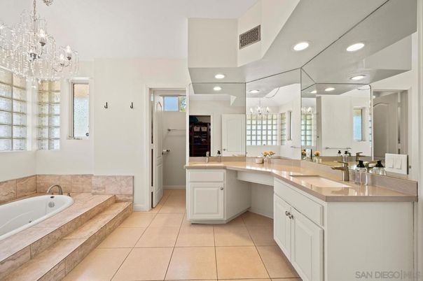 Bathroom, Chandelier, Dual Sink Vanities, Interior, Recessed Lighting